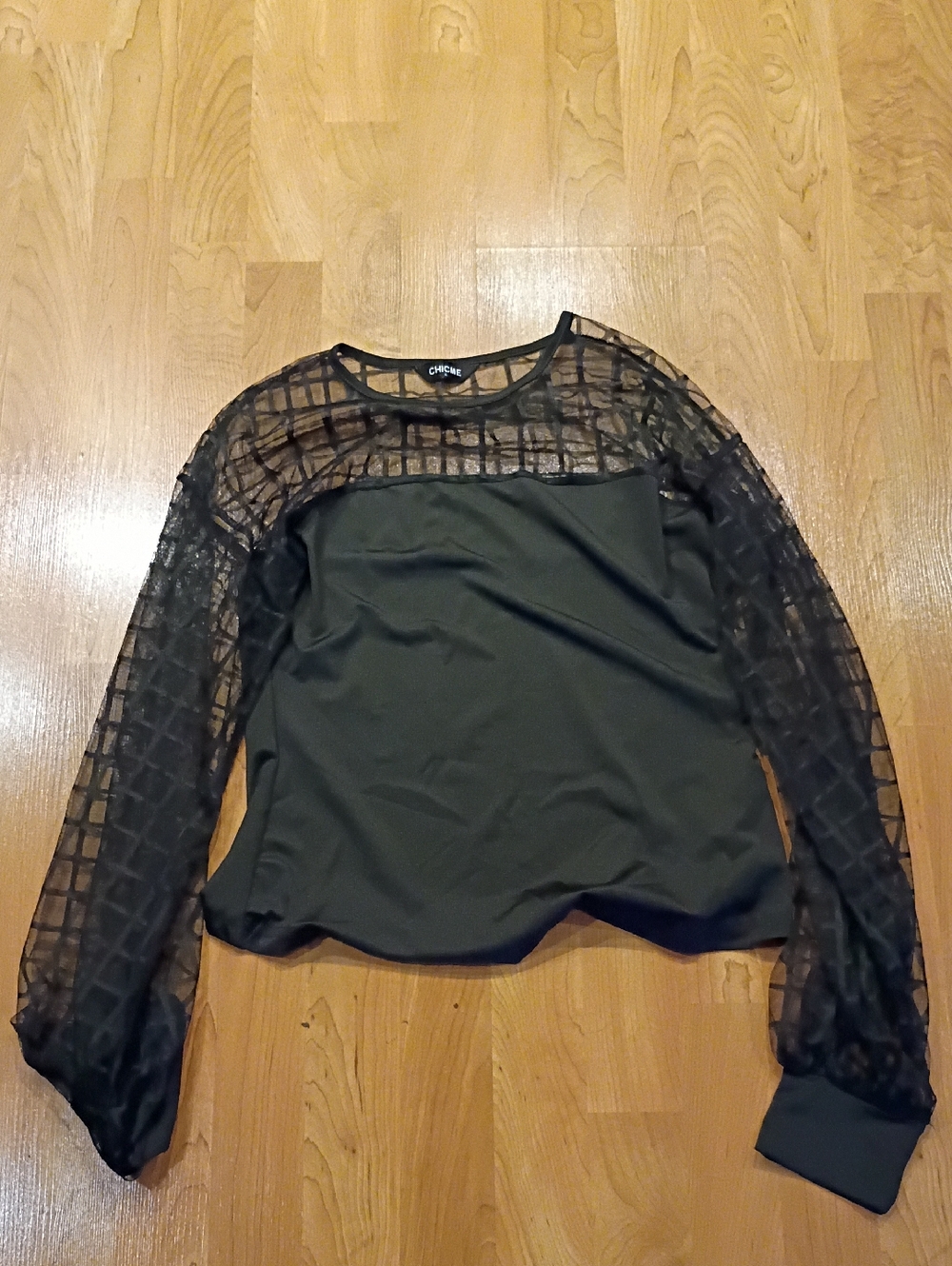 Chicme Black Sheer Grid-Panel Long Sleeve Blouse